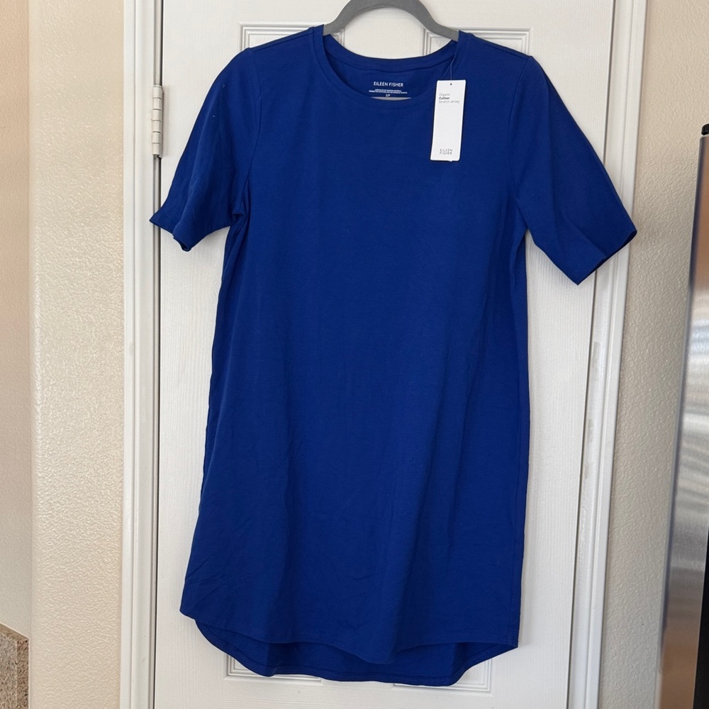 Eileen Fisher Organic Cotton Stretch Jersey Knee Length Dress Blue $158 MSRP